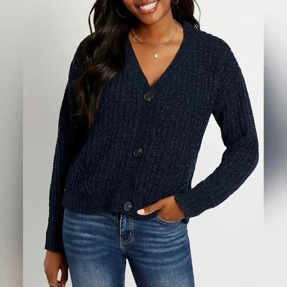 NWT Maurices Solid Metallic button-down cardigan, Black, Womens oversided XS